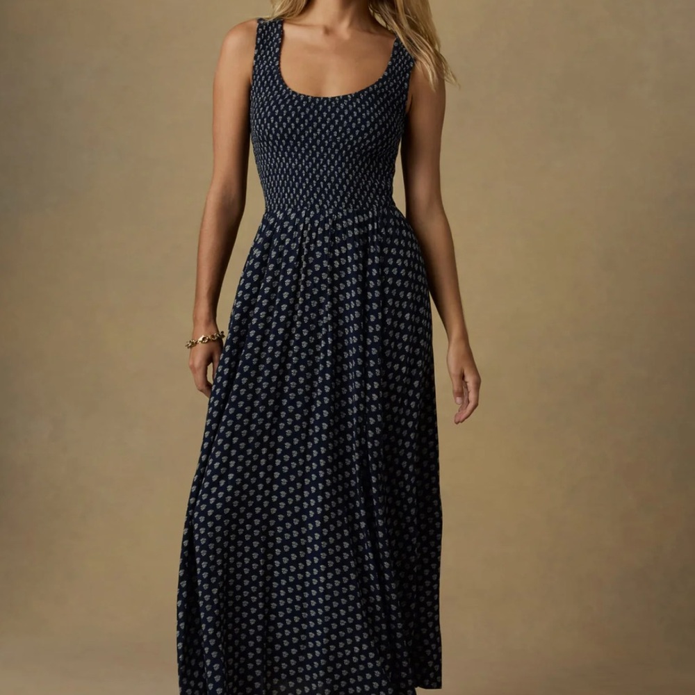 Faherty Womens Sophia Smocked Dress Navy Lotus Floral MEDIUM NWT